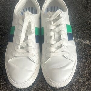 JCrew White Sneakers with Green and Blue Stripes